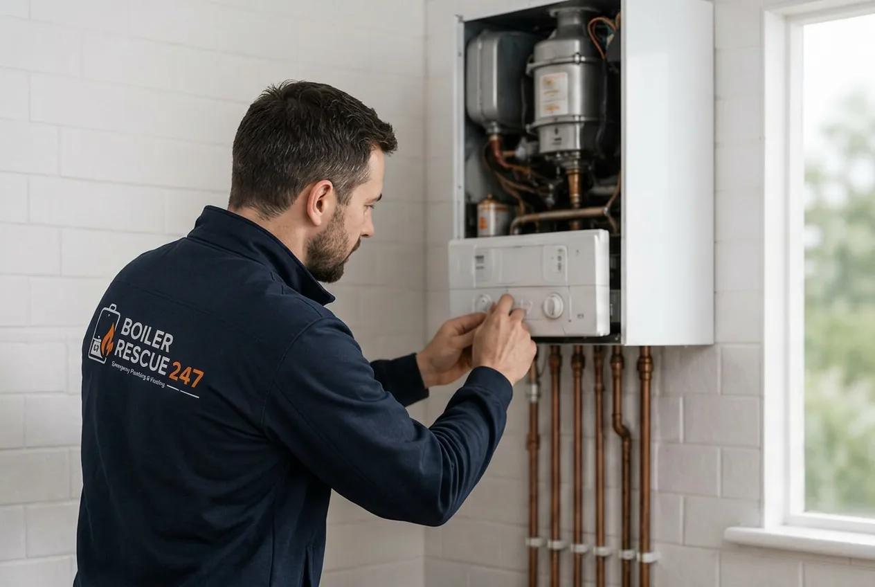 Boiler Rescue 247 Gas Safe engineer servicing a wall-mounted combi boiler in Bradford
